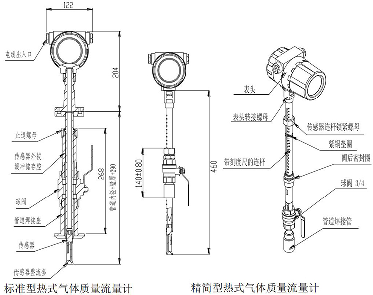 熱式氣體質(zhì)量流量計插入式結構尺寸圖