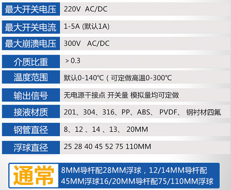 磁性浮球液位計技術(shù)參數對照表