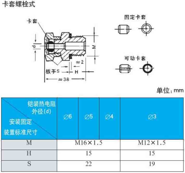 三線(xiàn)制熱電阻卡套螺栓式安裝尺寸圖