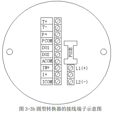 污水流量計圓型轉換器的接線(xiàn)端子示意圖